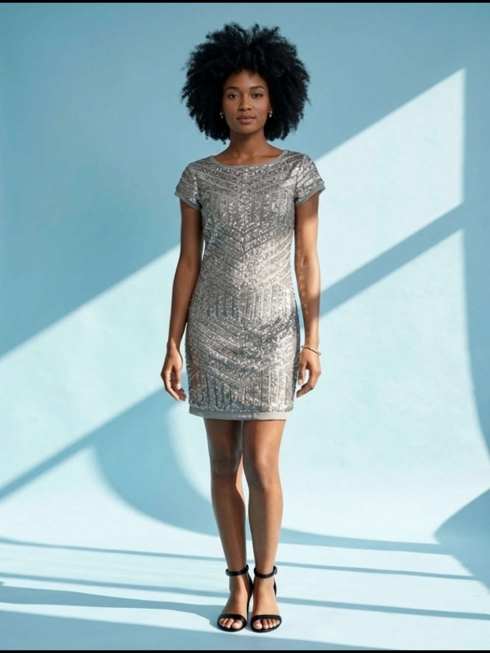 Vince Camuto Silver Sequin Lined Short Sleeve Mini Dress Misses Size 8